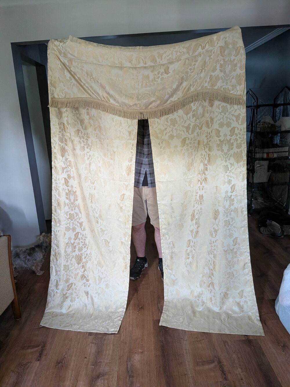 GOLD & Cream DAMASK CURTAIN PANELS ATTACHED TASSLE VALANCE TIE BACKS 85 X 54